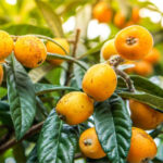 Feuillage et fruits du néflier du Japon au jardin botanique du Bois Vert.